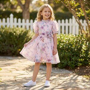 Peppermint Girls Bell Floral Print Dress - Pastel Puffed Sleeve Delight - Peach